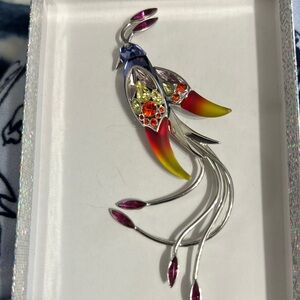 Swarovski Vibrant Red and Yellow Bird Brooch 4 1/2 inches long by 2 inches wide